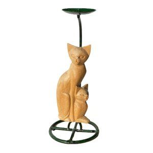 Vintage Wood Carved Cats & Candle Holder Artisan Handcrafted Modernist